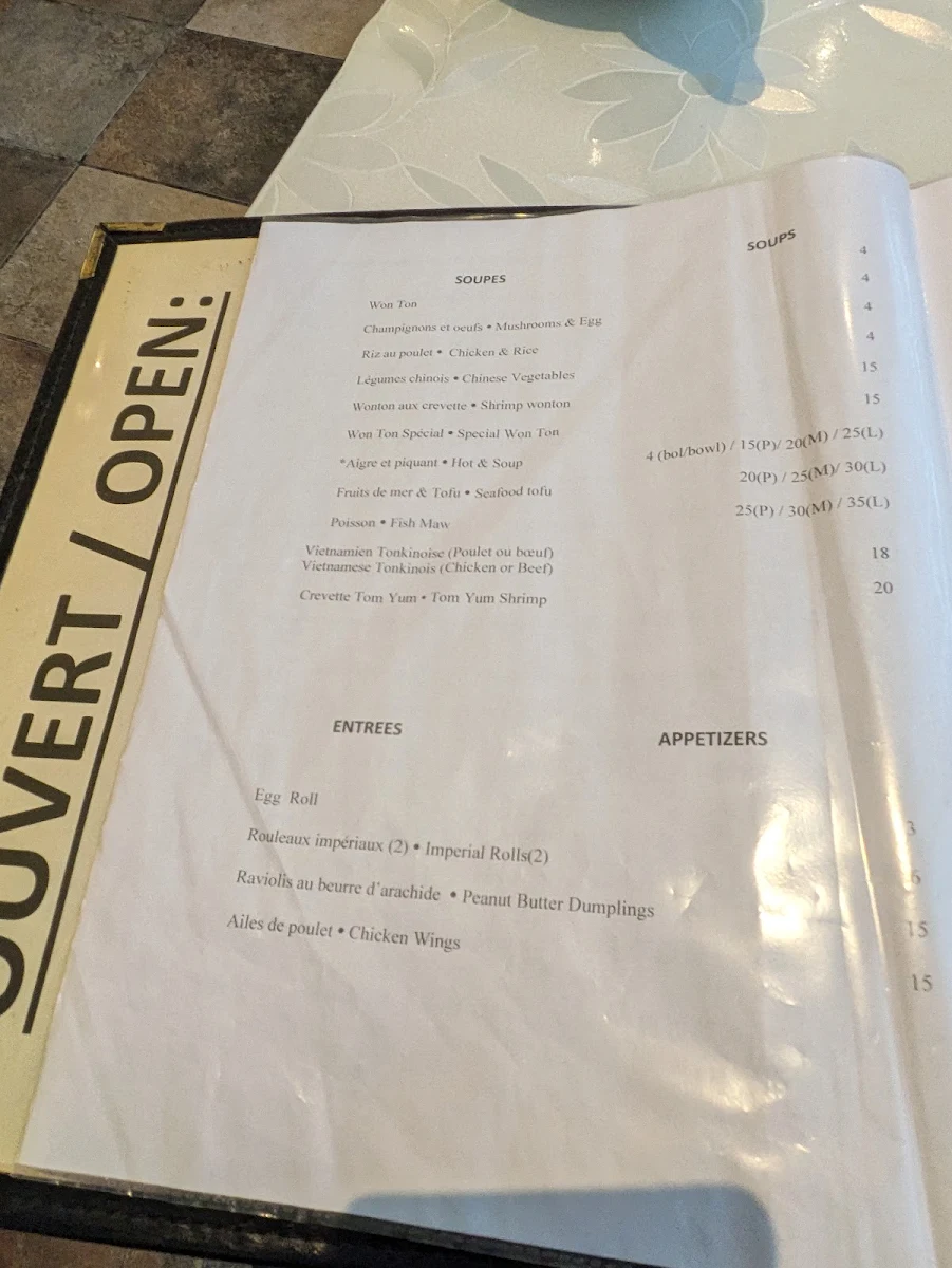 Menu, Maison Sai Yan