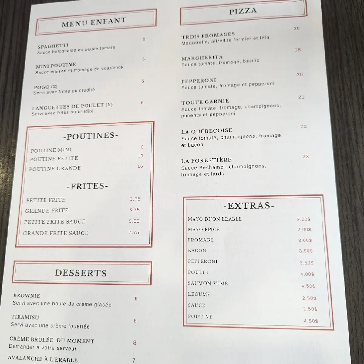 Menu, Bistro du Pinacle