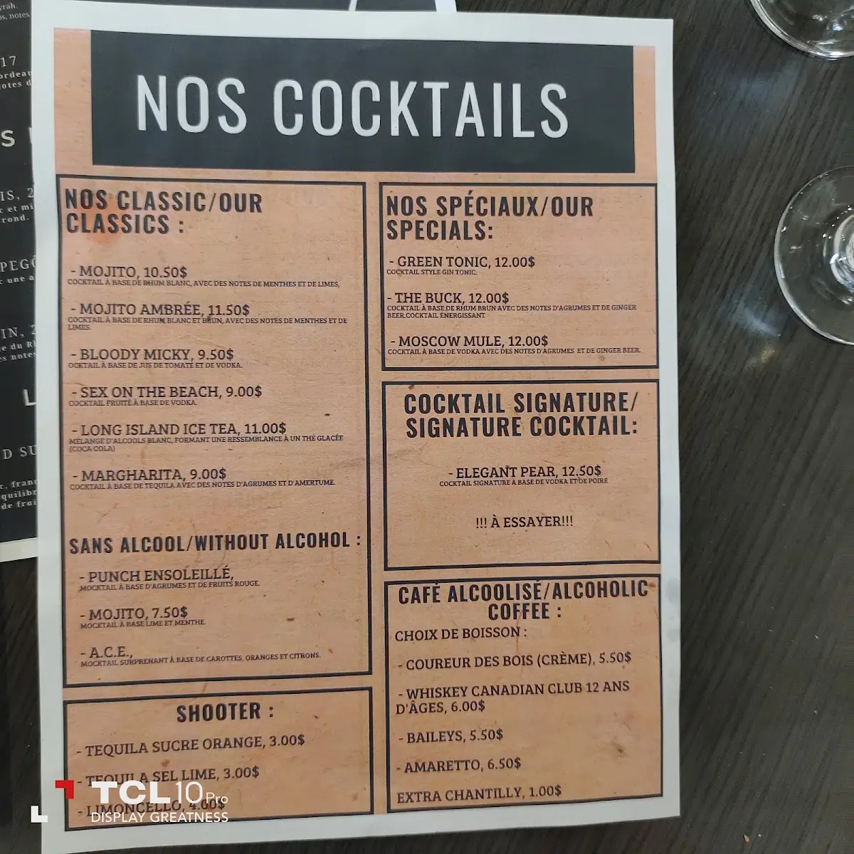 Menu, Bistro du Pinacle