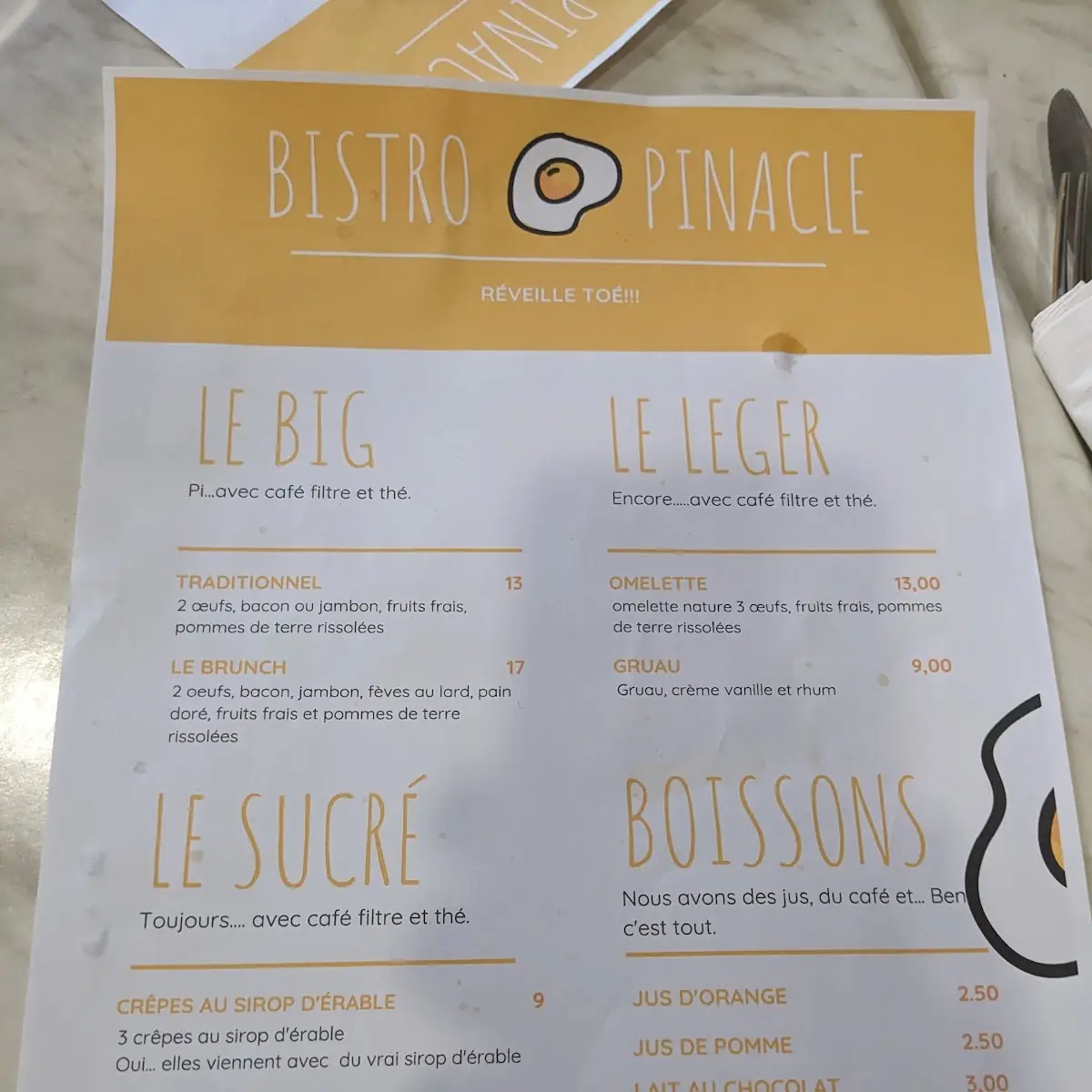 Menu, Bistro du Pinacle