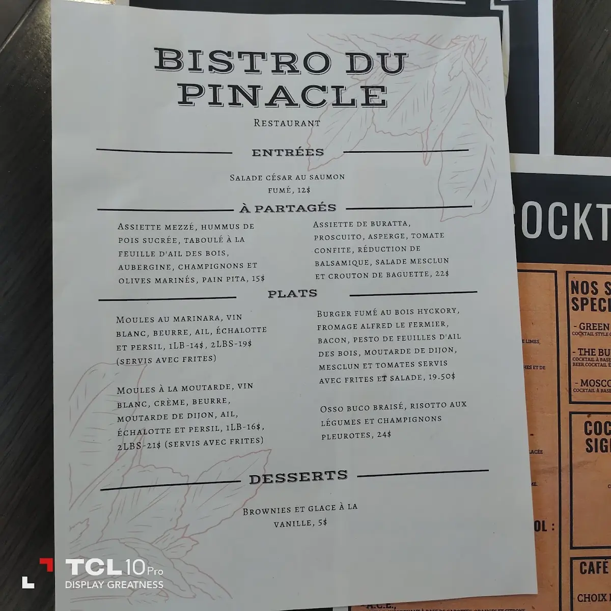 Menu, Bistro du Pinacle