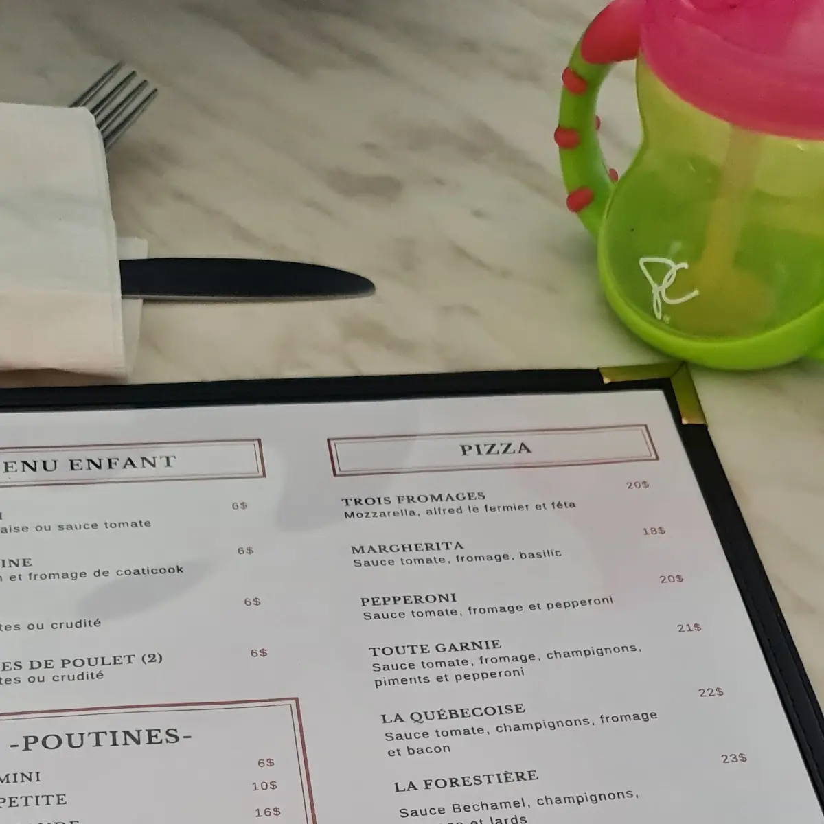 Menu, Bistro du Pinacle