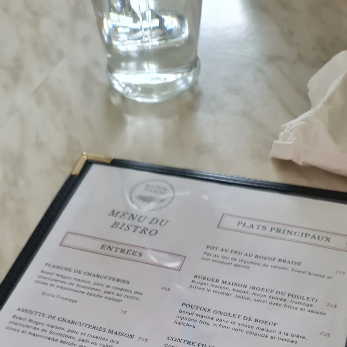 Menu, Bistro du Pinacle