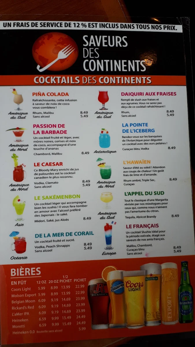 Menu, Buffet des Continents - Trois-Rivières