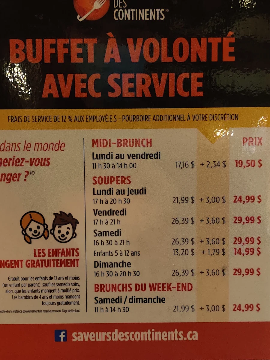 Menu, Buffet des Continents - Trois-Rivières