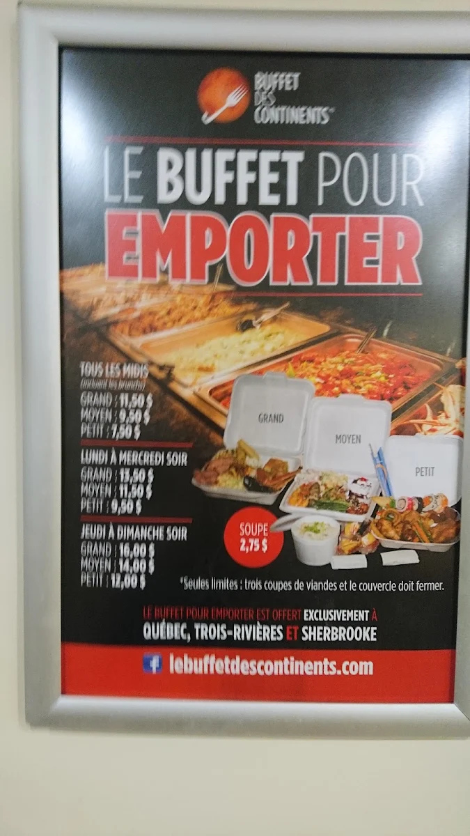 Menu, Buffet des Continents - Trois-Rivières
