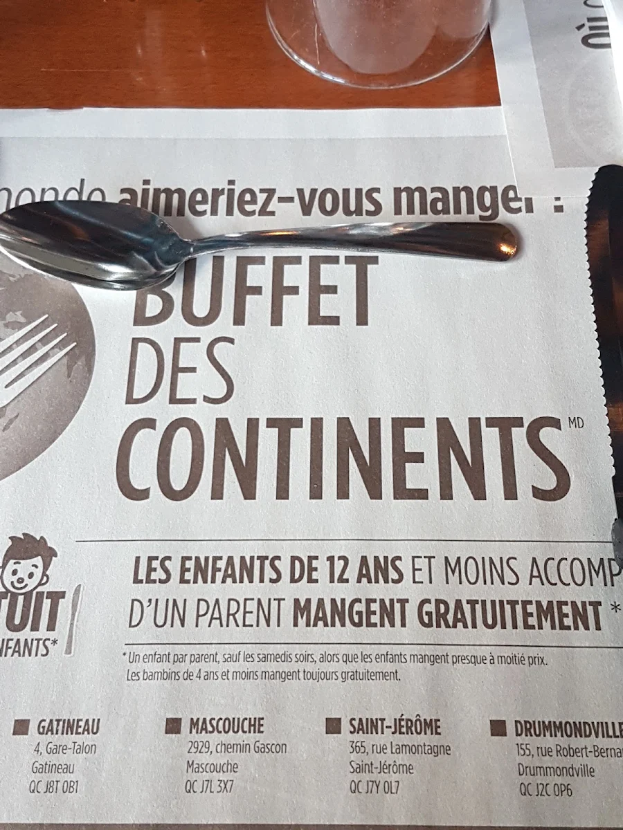 Menu, Buffet des Continents - Trois-Rivières