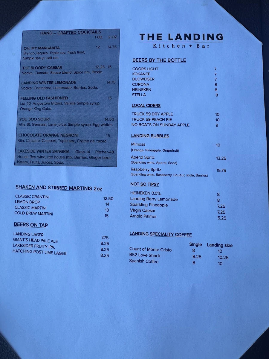 Menu, The Landing Kitchen + Bar