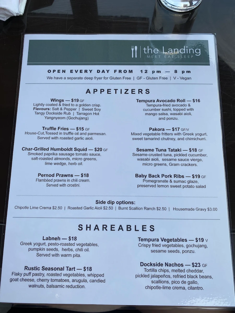 Menu, The Landing Kitchen + Bar