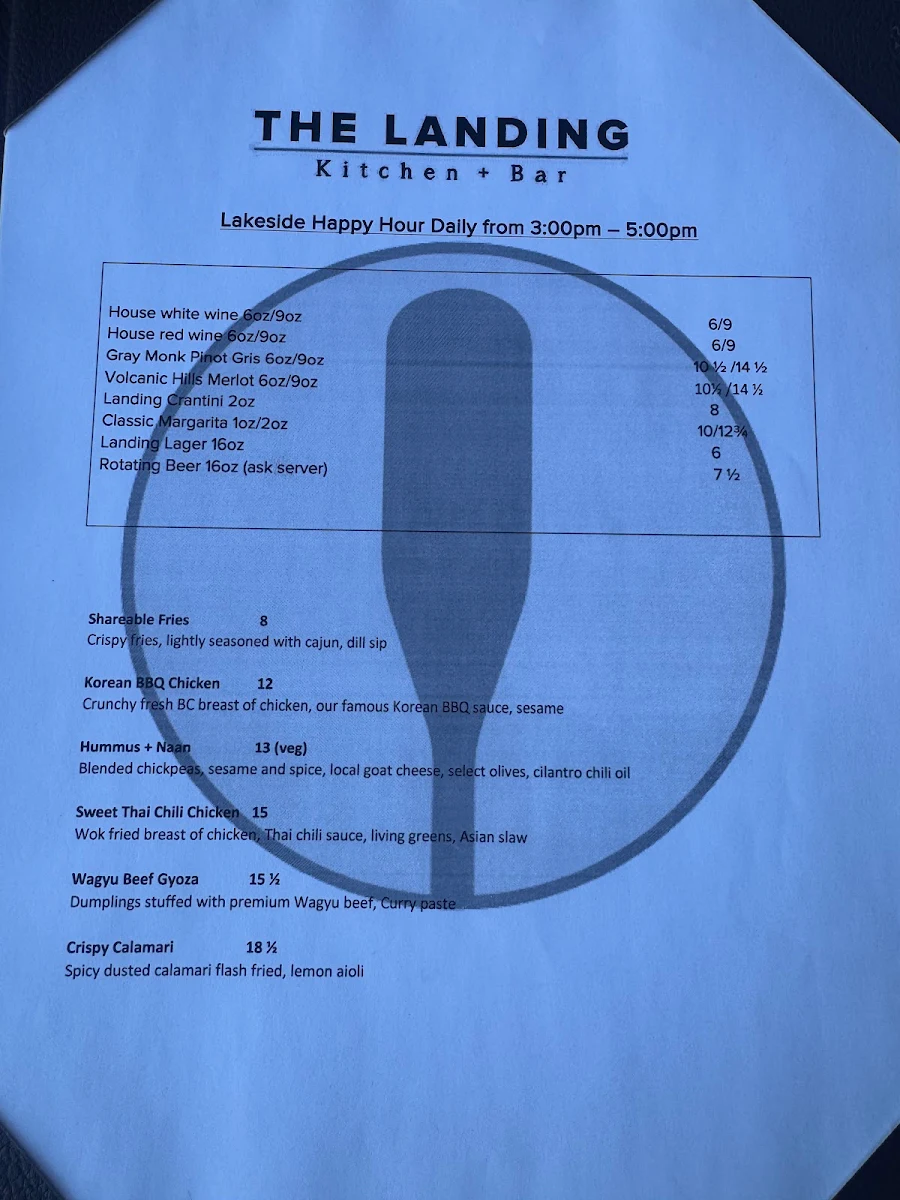 Menu, The Landing Kitchen + Bar