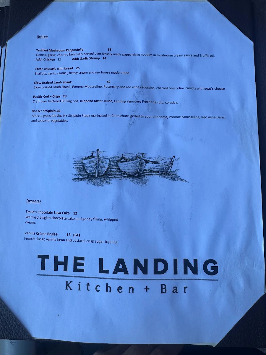 Menu, The Landing Kitchen + Bar