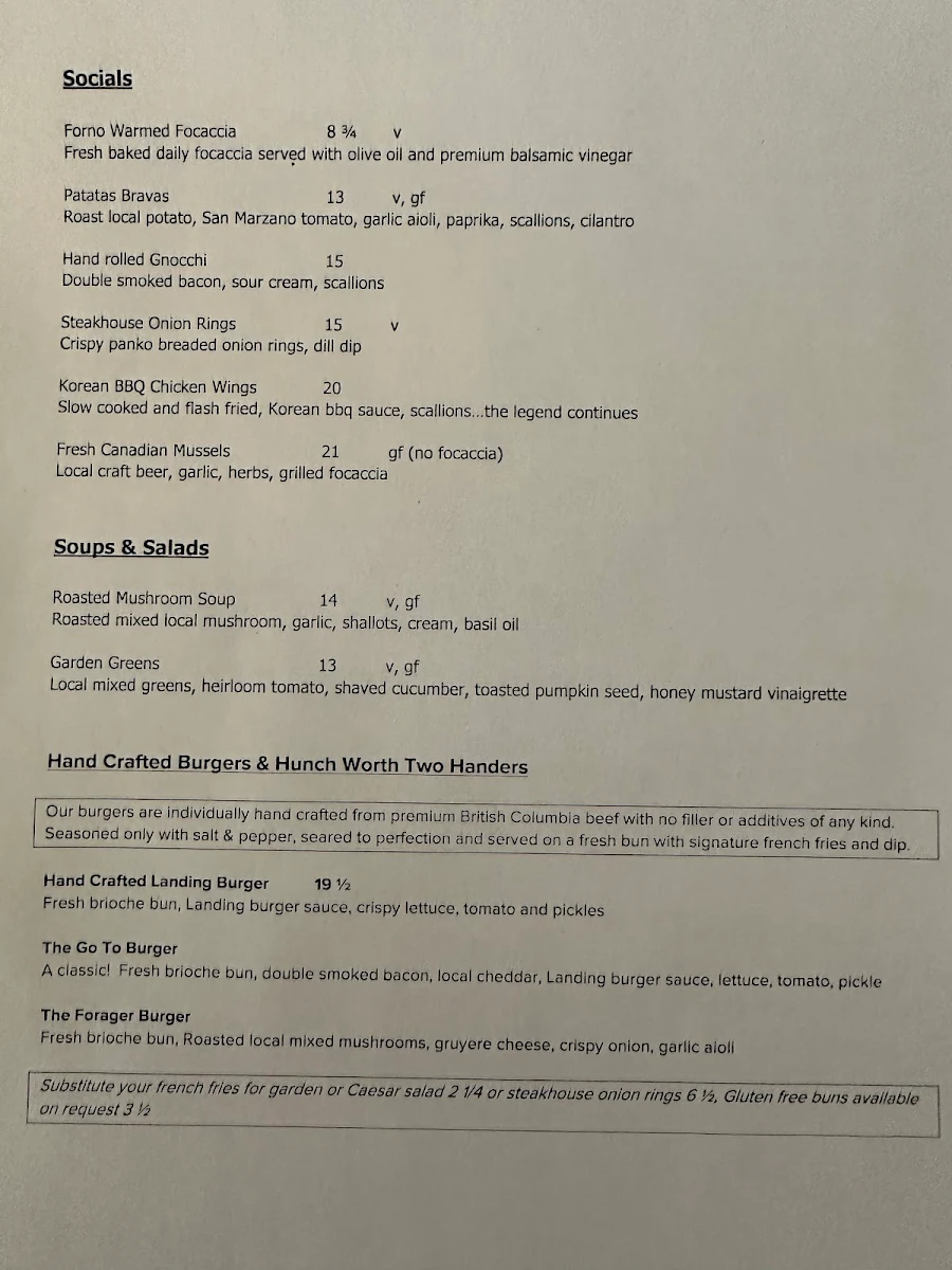 Menu, The Landing Kitchen + Bar