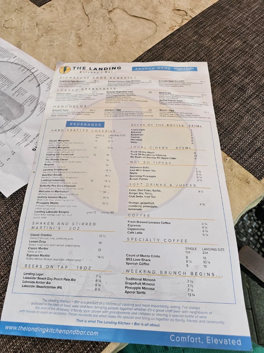 Menu, The Landing Kitchen + Bar