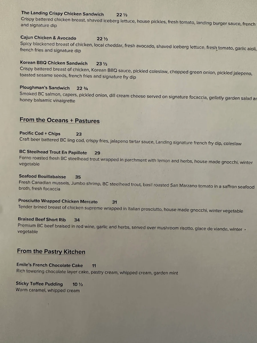 Menu, The Landing Kitchen + Bar