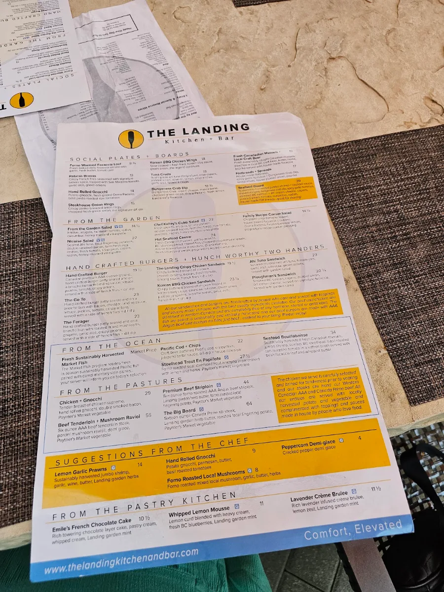 Menu, The Landing Kitchen + Bar