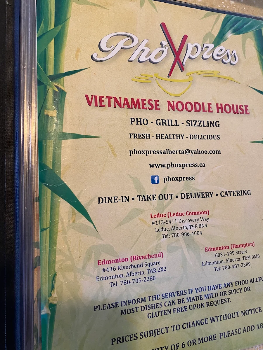 Menu, PhoXpress Leduc