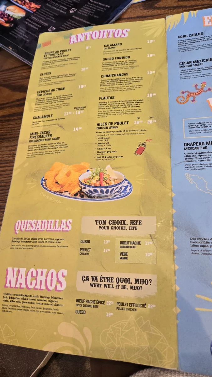 Menu, Carlos & Pepe's - Saint-Léonard