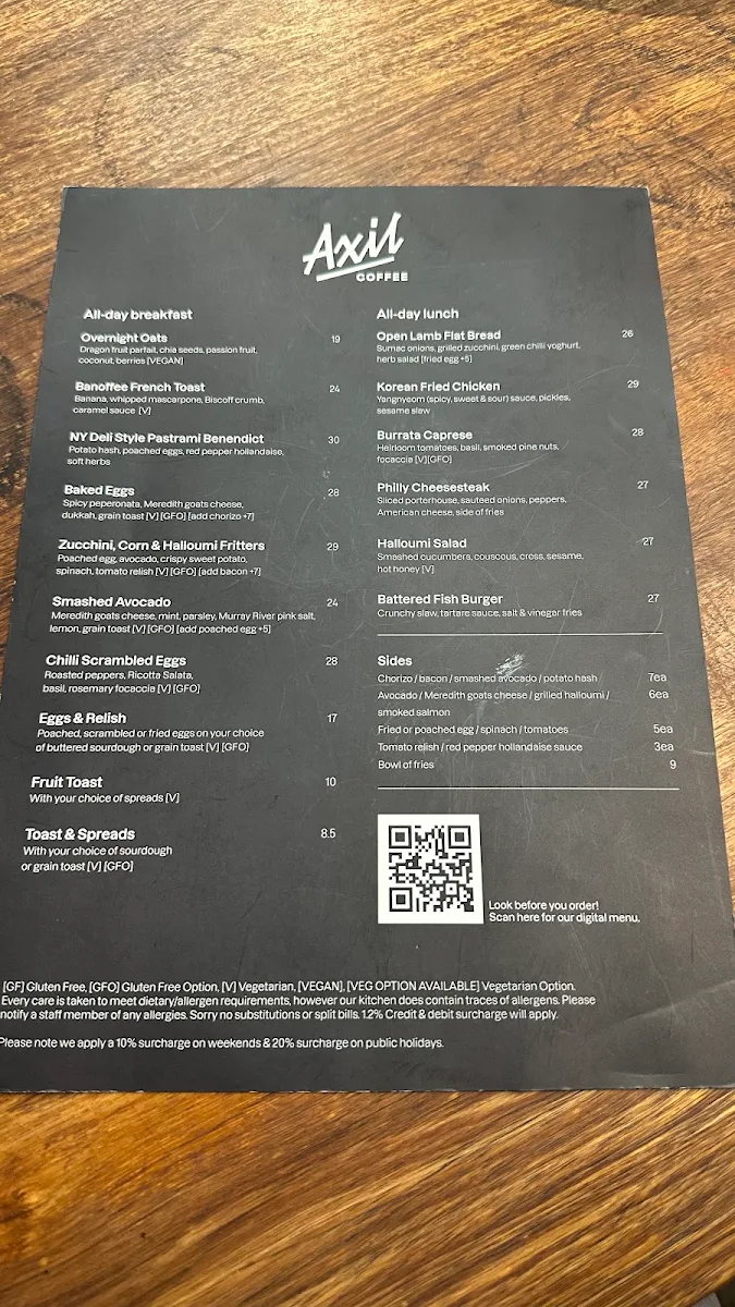 Menu, Axil Coffee Roasters Hawthorn