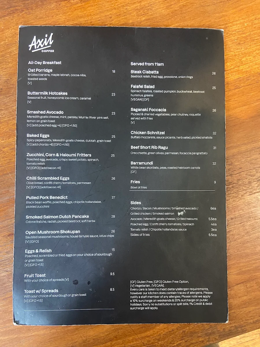 Menu, Axil Coffee Roasters Hawthorn