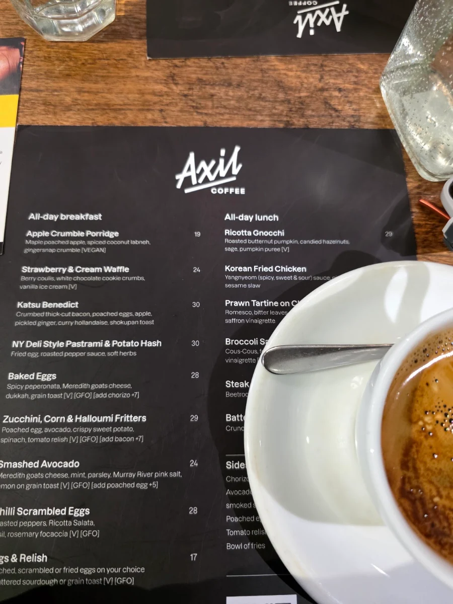 Menu, Axil Coffee Roasters Hawthorn