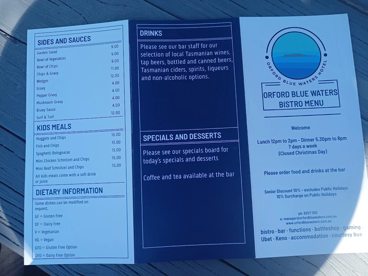 Menu, Orford Blue Waters Bistro