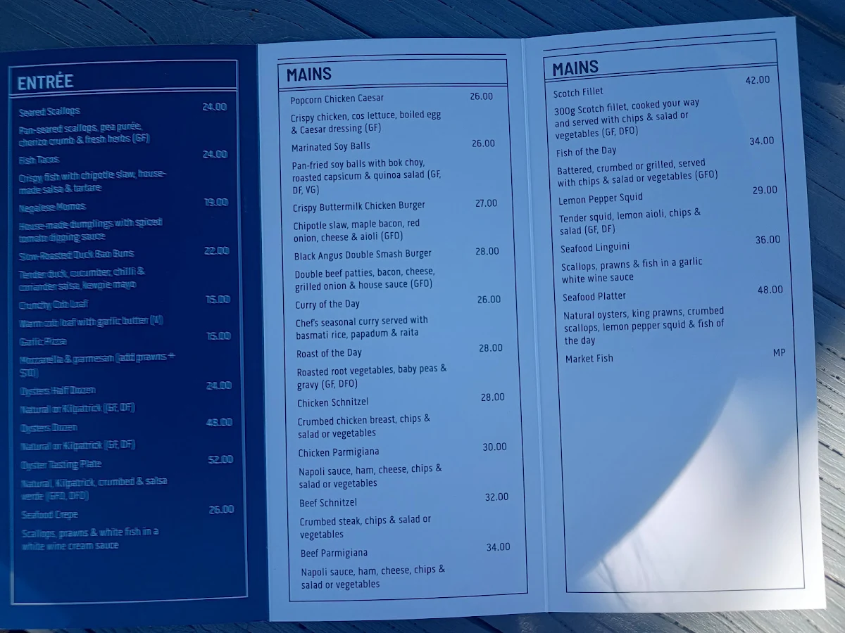 Menu, Orford Blue Waters Bistro