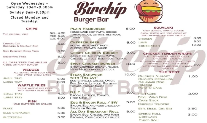 Menu, Birchip Cafe