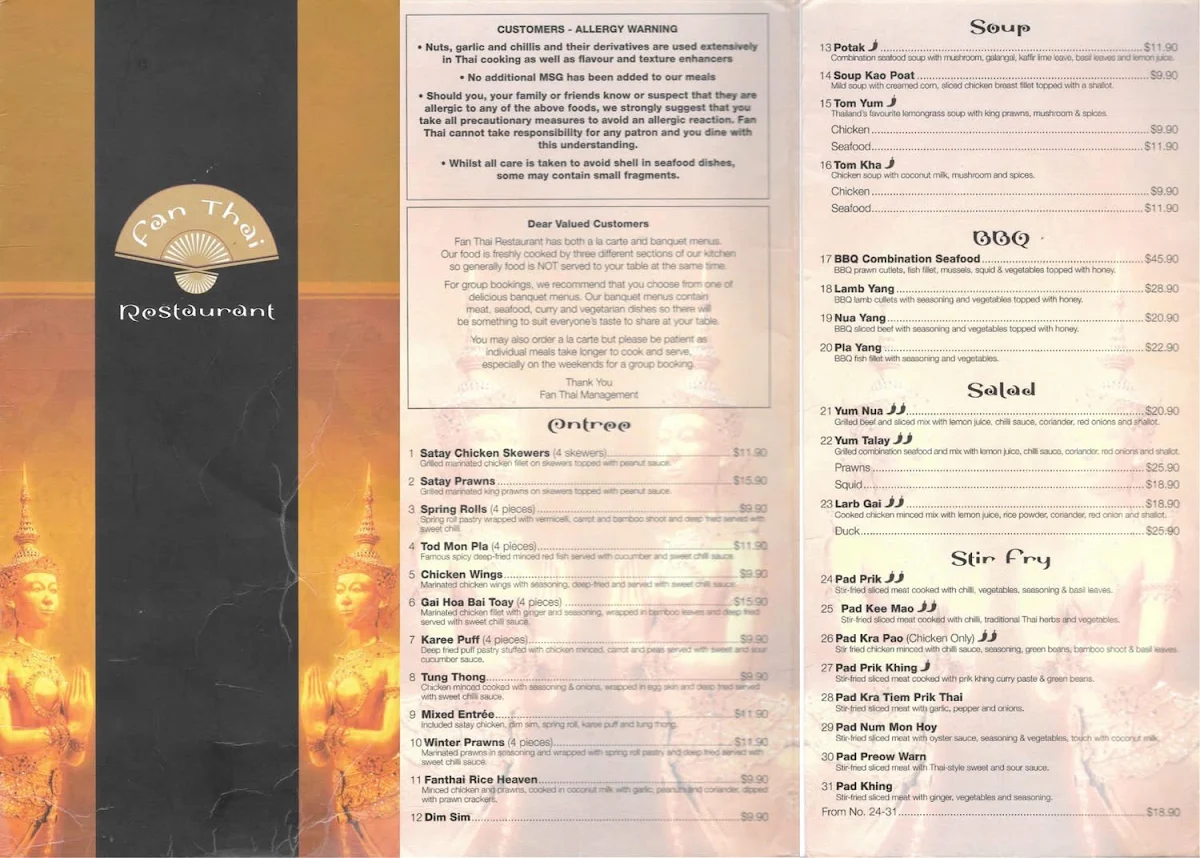 Menu, Fan Thai Restaurant