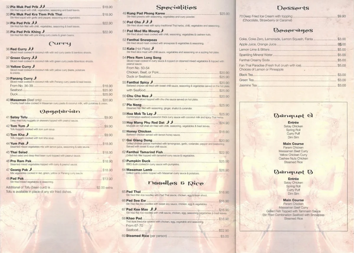 Menu, Fan Thai Restaurant