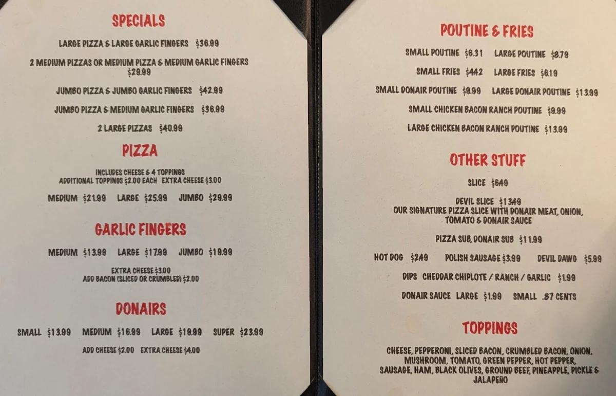 Menu, Donati's Pizza