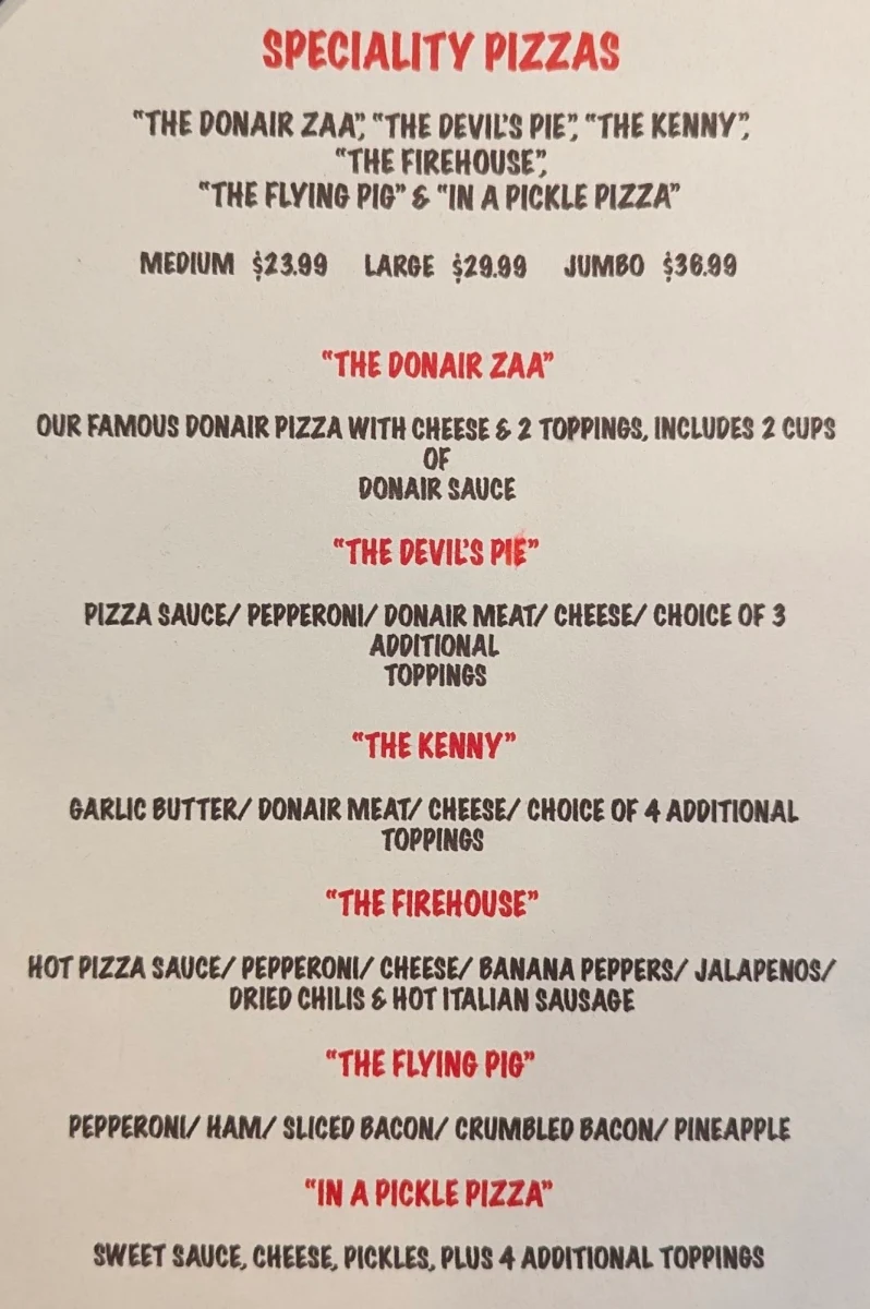 Menu, Donati's Pizza
