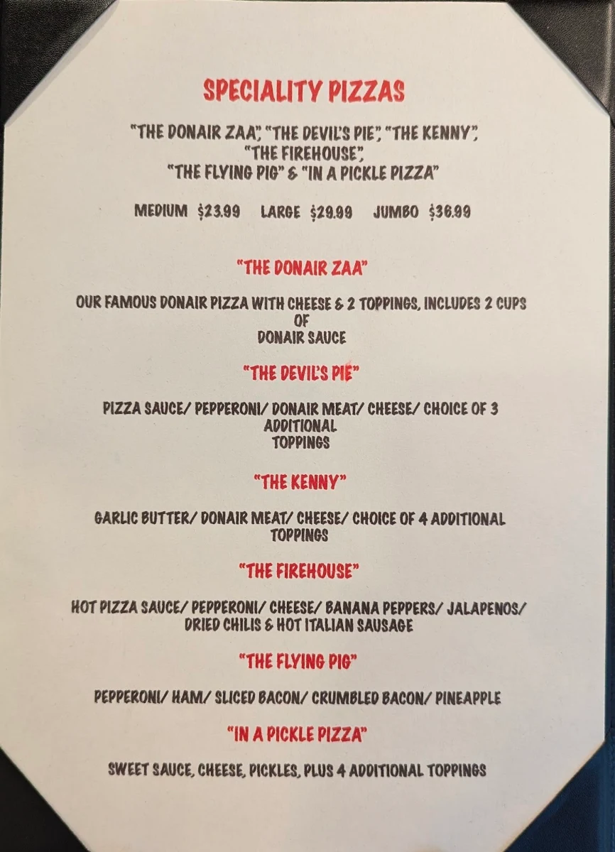 Menu, Donati's Pizza