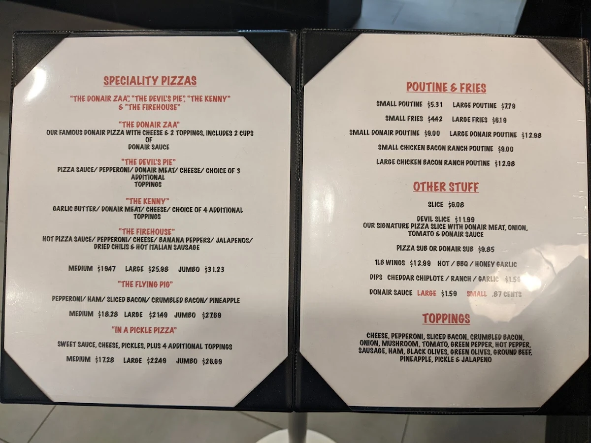 Menu, Donati's Pizza