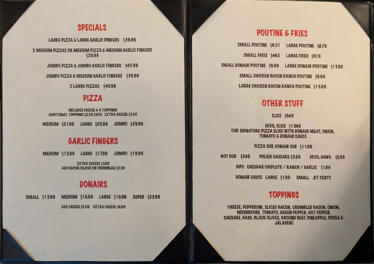 Menu, Donati's Pizza