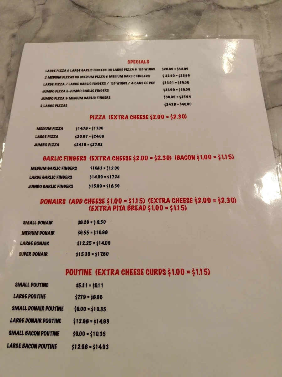 Menu, Donati's Pizza