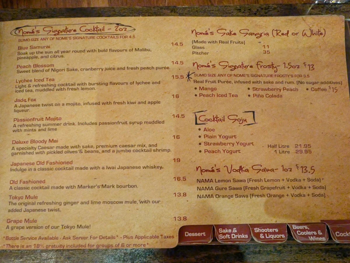 Menu, Nomé Izakaya (Don Mills)