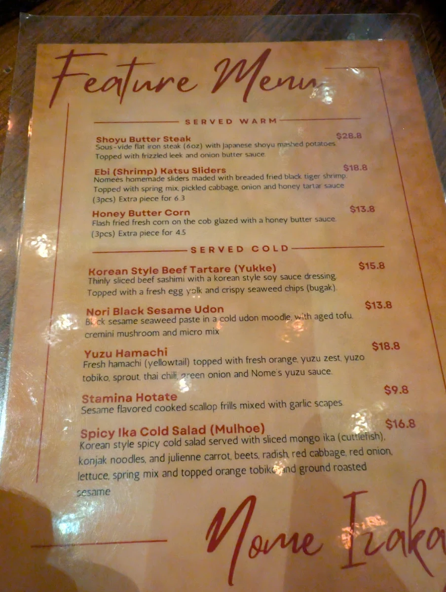 Menu, Nomé Izakaya (Don Mills)