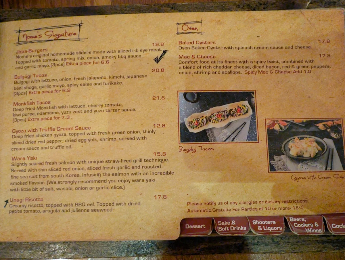 Menu, Nomé Izakaya (Don Mills)