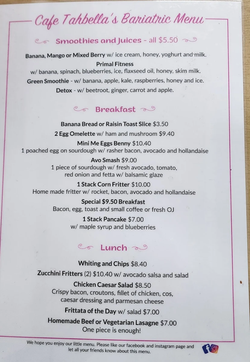 Menu, Cafe Tahbella