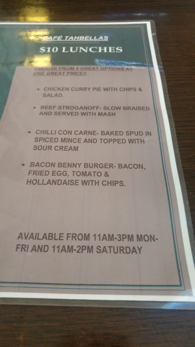 Menu, Cafe Tahbella