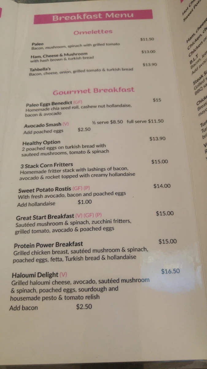 Menu, Cafe Tahbella