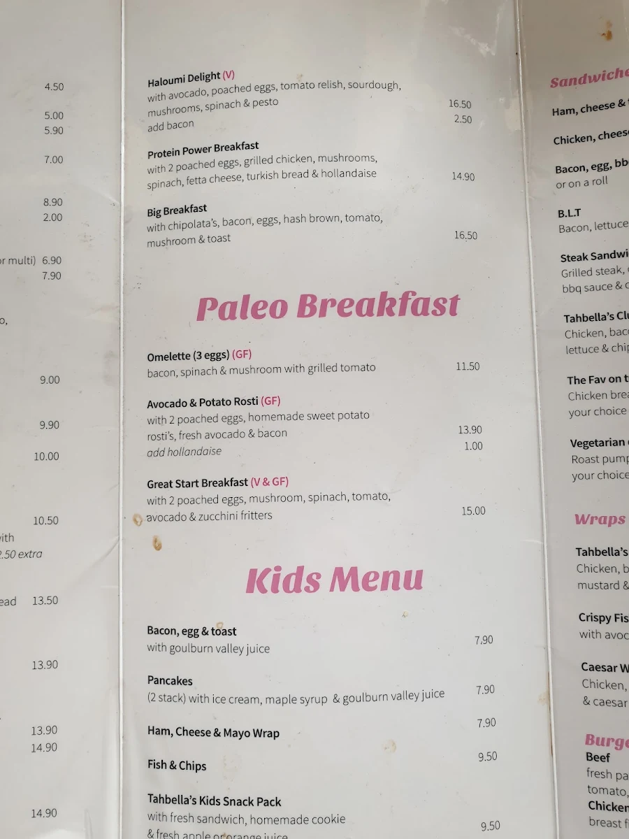 Menu, Cafe Tahbella