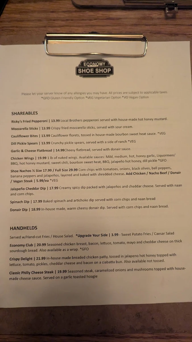 Menu, Economy Shoe Shop