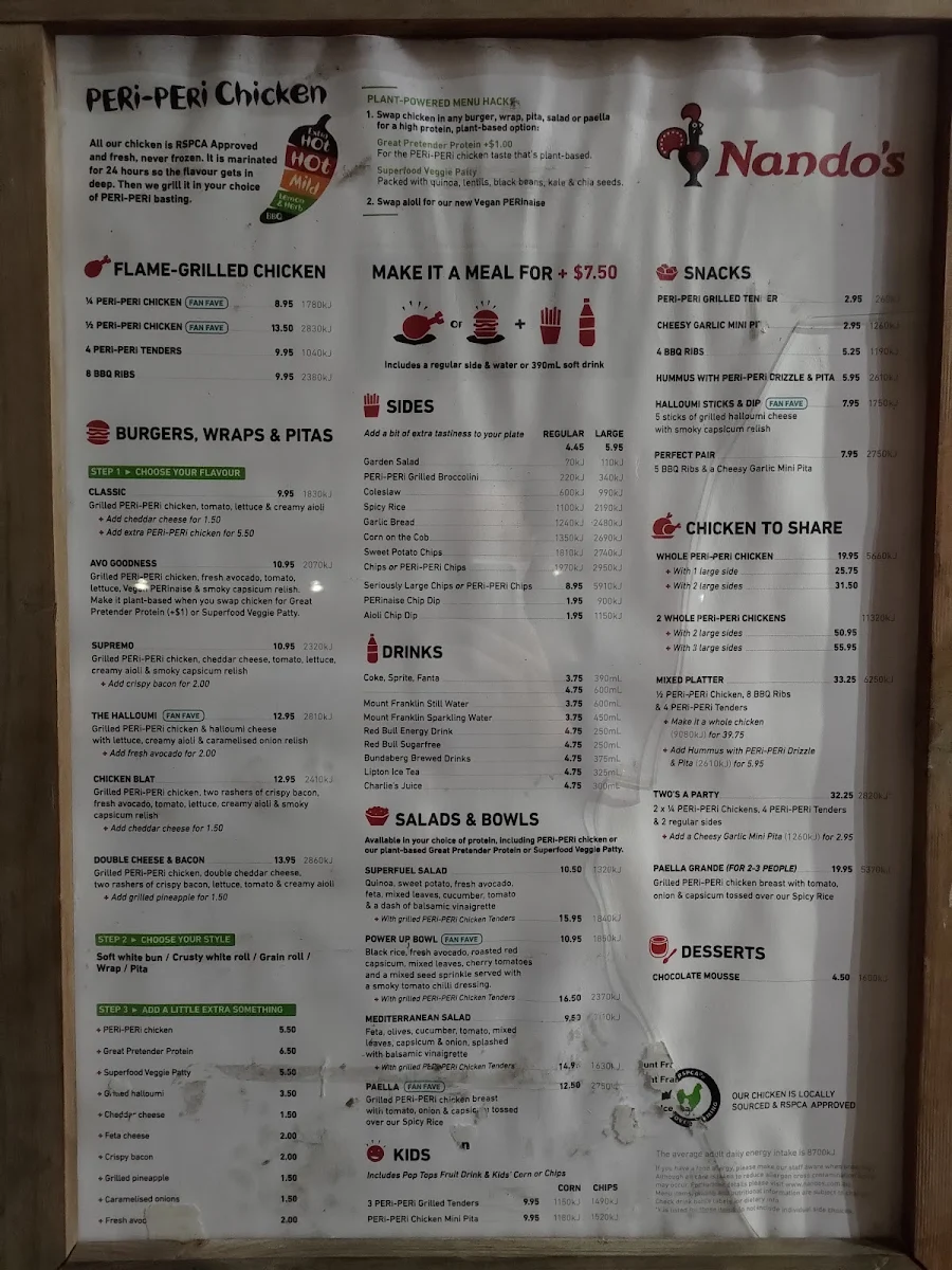 Menu, Nando's Blacktown