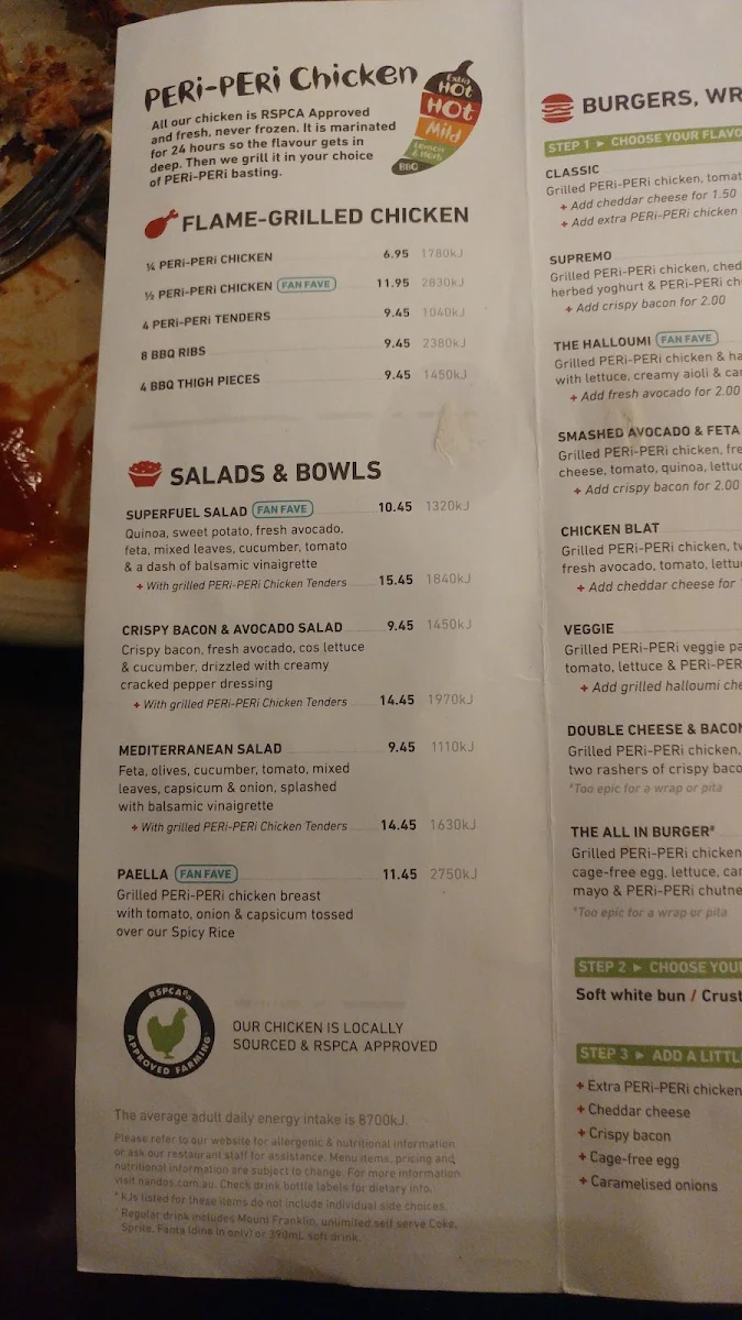 Menu, Nando's Blacktown