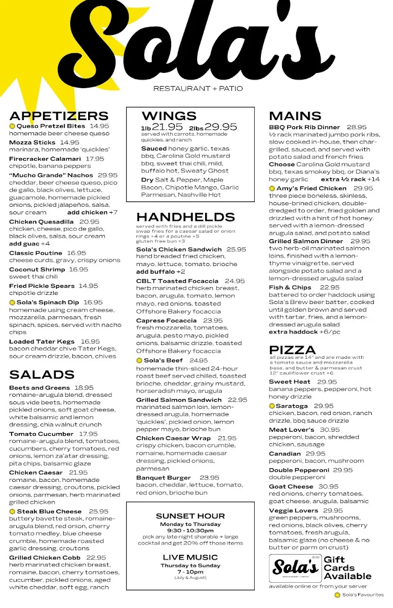 Menu, Sola's Restaurant + Patio