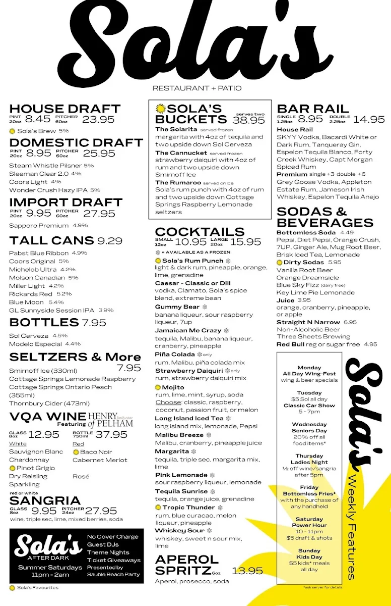 Menu, Sola's Restaurant + Patio