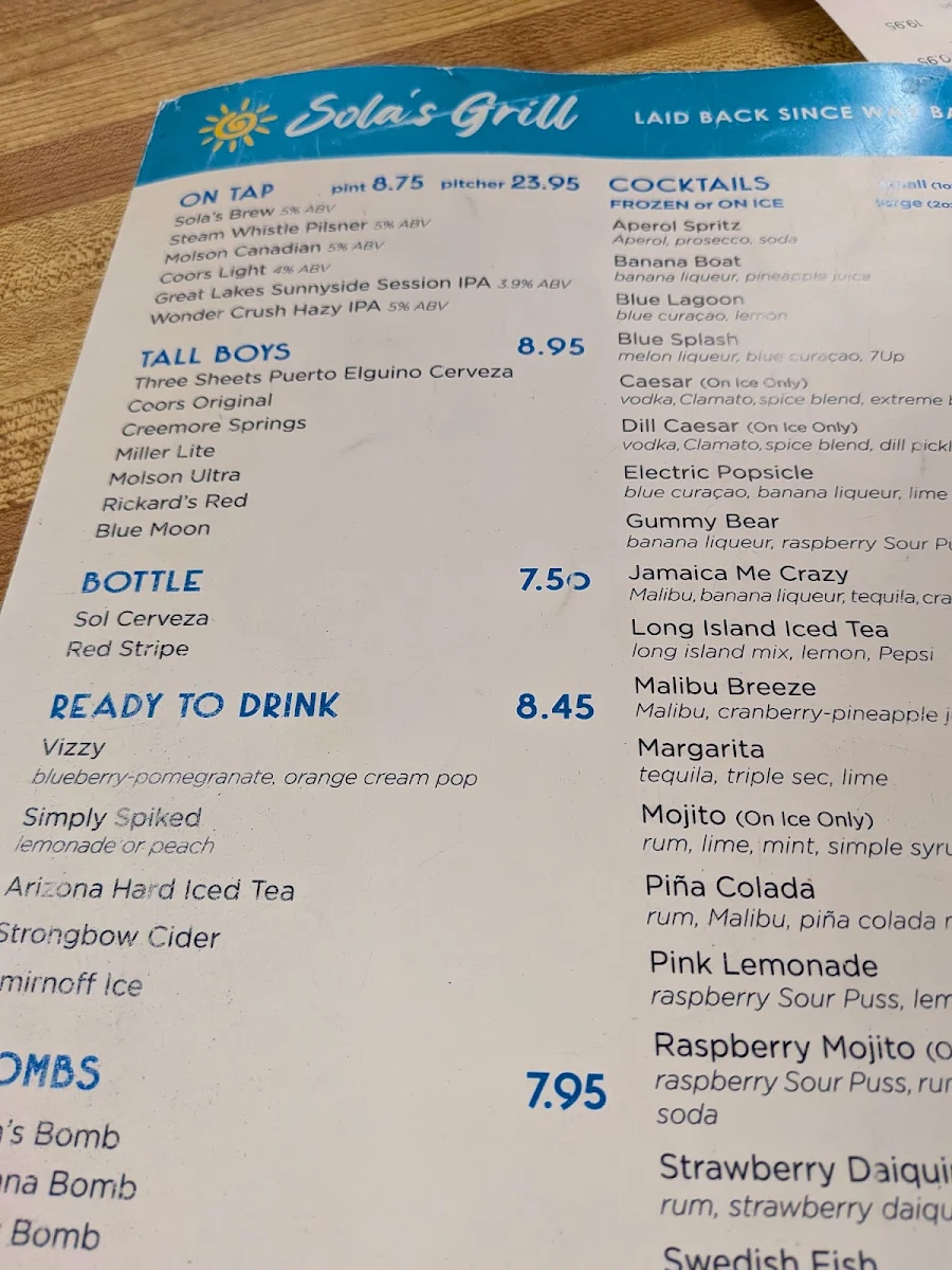 Menu, Sola's Restaurant + Patio