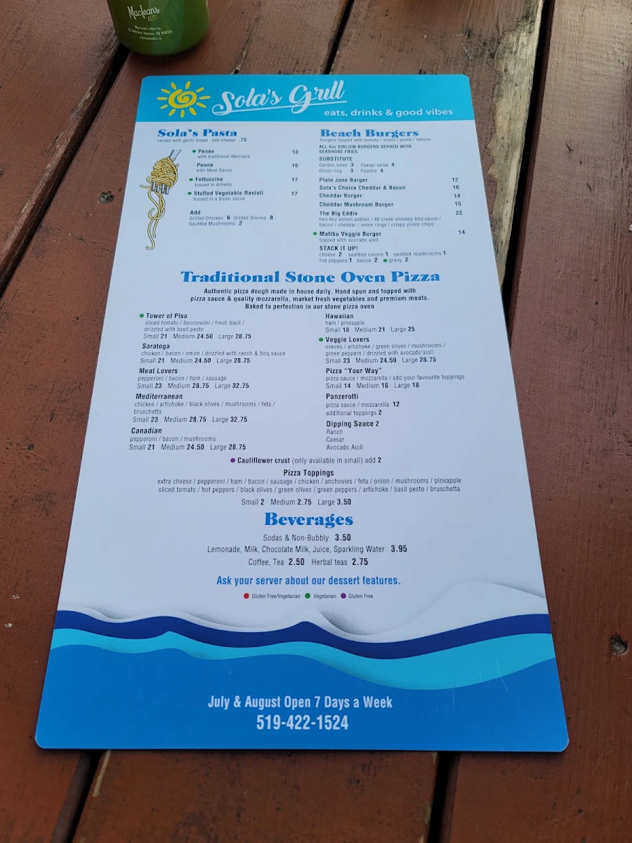 Menu, Sola's Restaurant + Patio