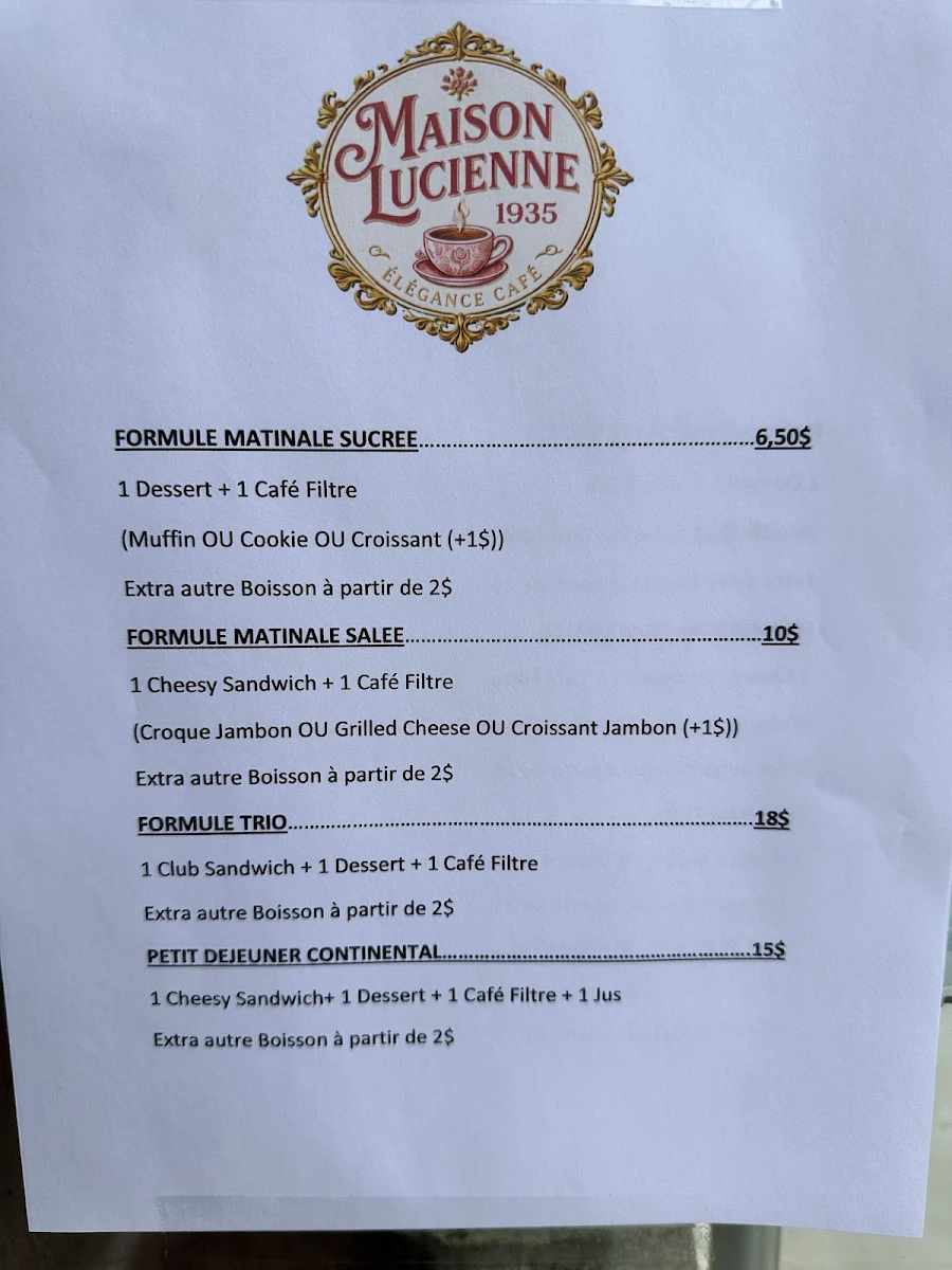 Menu, Café Maison Lucienne Café St Joseph